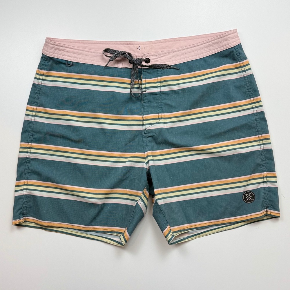 Roark Revival Mens Striped Board Shorts Teal Pink Yellow Size 34 Swim Trunks